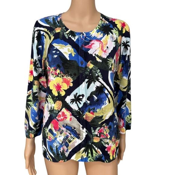 Talbots Women's Palm Trees Pineapples Floral Flamingo Cardigan cotton blend size - Picture 2 of 8